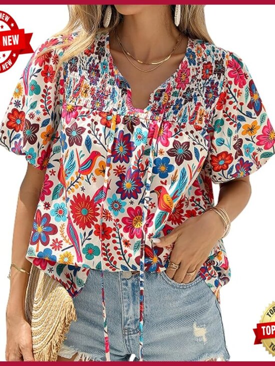 Tops - Floral V-Neck Blouse Drawstring Short Sleeve Boho Top Summer Casual
